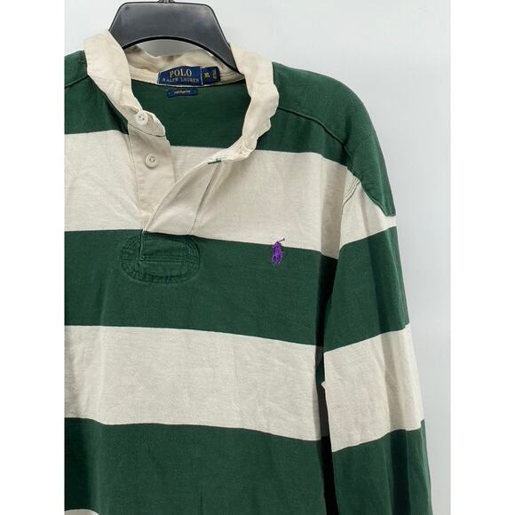 POLO RALPH LAUREN Men's Green-White Striped Custom Fit Rugby Polo Shirt SZ XL - Picture 3 of 11